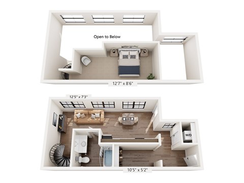 Floor plan for 1 bed, 1 bath, 634 sqft